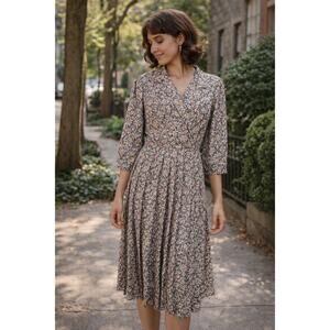 VINTAGE Union Made Floral Knife Pleat 3/4 Sleeve  Midi Dress Size Large